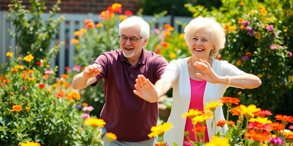 Elderly couple exercising in a beautiful garden.