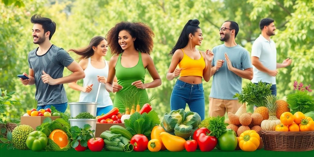 Healthy lifestyle activities: jogging, yoga, cooking, and nature.