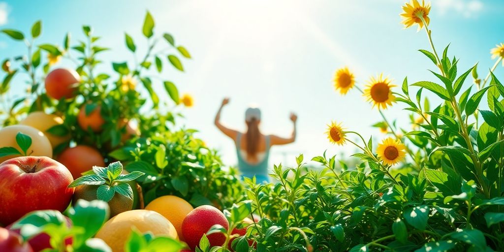 Fresh fruits and herbs in a sunny outdoor setting.