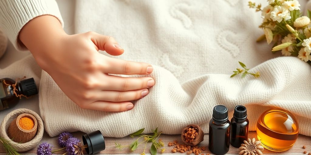 Hands massaging joints with herbs and essential oils.