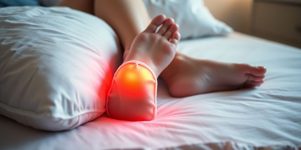 Person with ankle pain resting foot on a pillow.