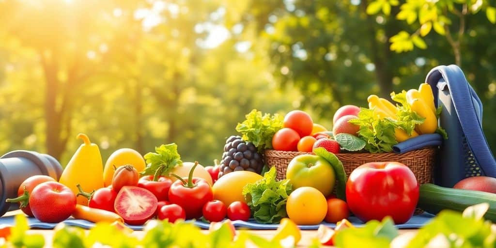 Healthy lifestyle with fresh food and fitness equipment.