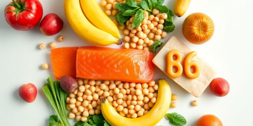 Assorted foods rich in Vitamin B6 for heart health.