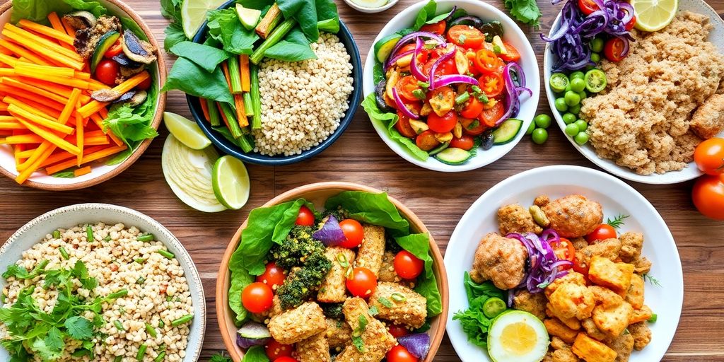 Colorful healthy meals on a wooden table.