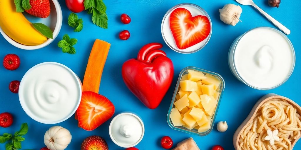 Probiotic foods and heart symbol for health connection.