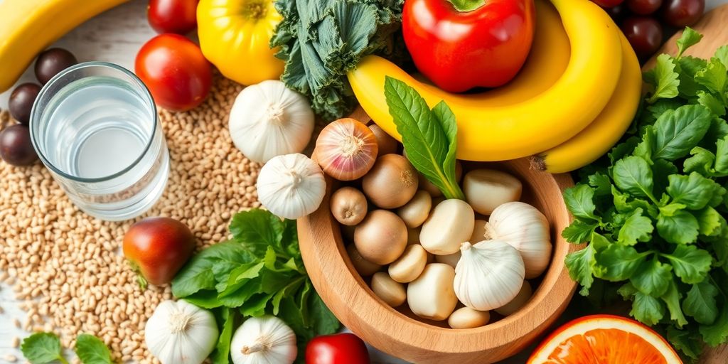 Colorful fresh foods rich in prebiotics for digestive wellness.