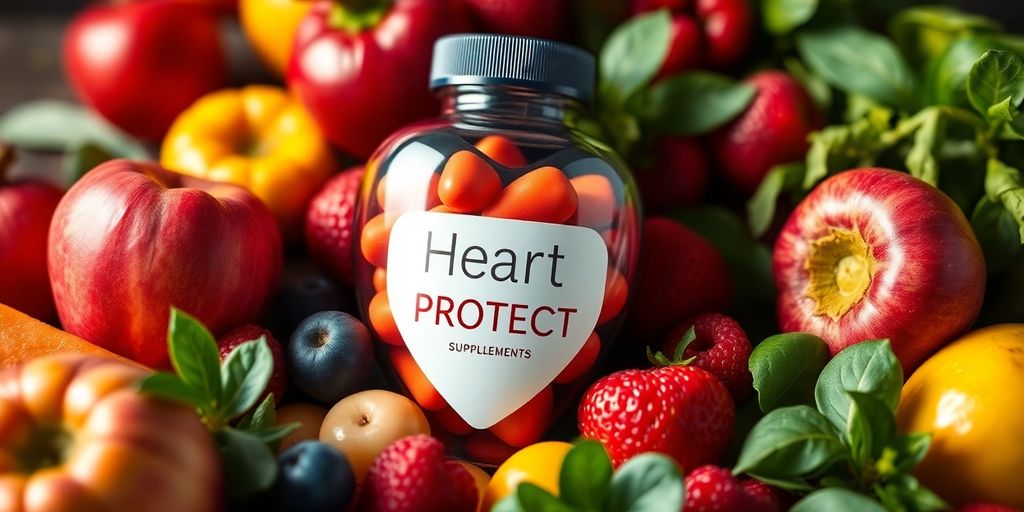 Colorful heart-shaped supplement bottle with fresh fruits and greens.