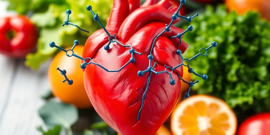 Heart with amino acids and fresh produce for health.