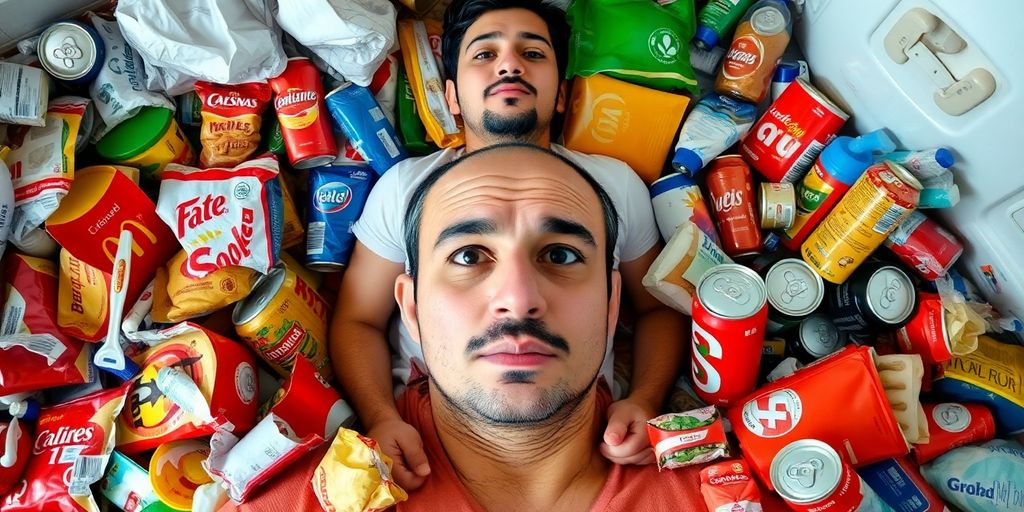 Person amidst unhealthy food and poor hygiene products.