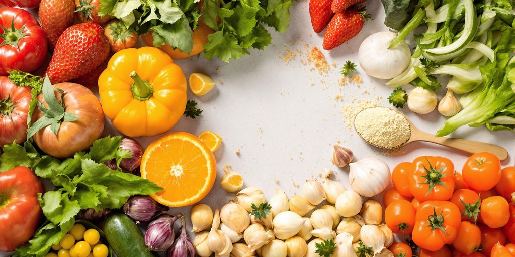 Colorful fruits and vegetables with probiotic powder on display.