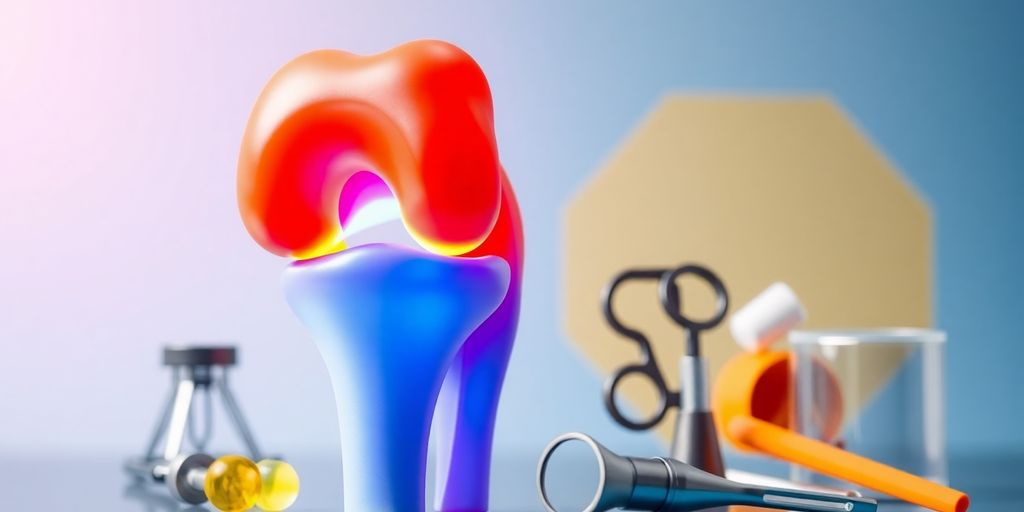 Knee joint model with treatment tools in a vibrant setting.