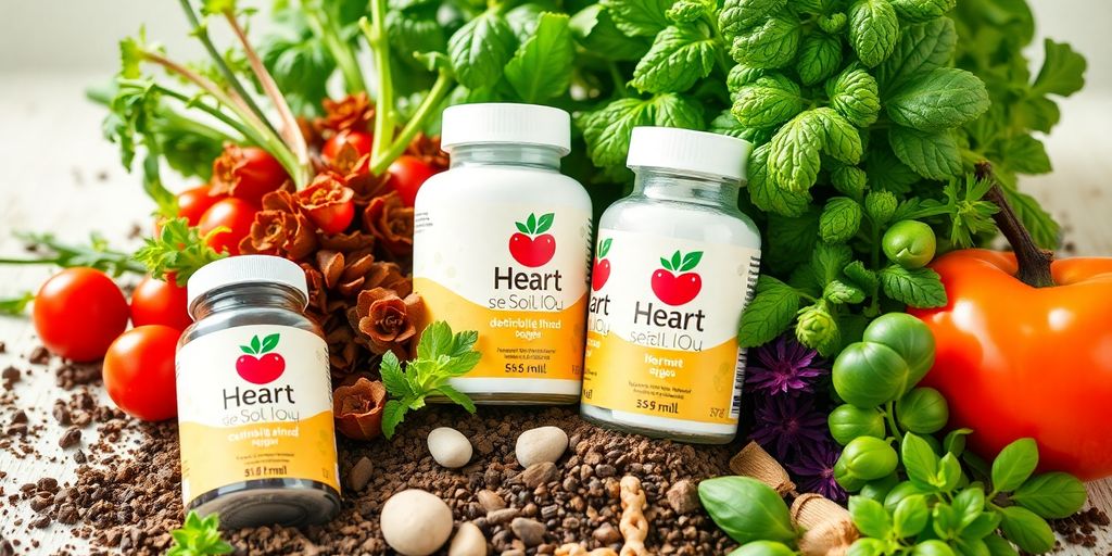 Natural heart soil supplements with fresh herbs and plants.