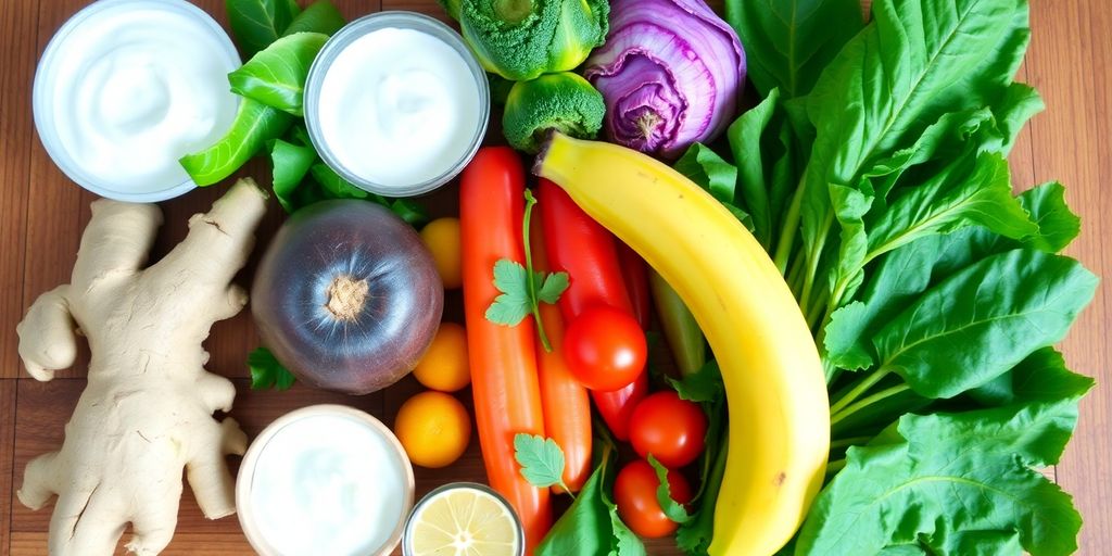 Colorful foods for indigestion relief on a wooden table.