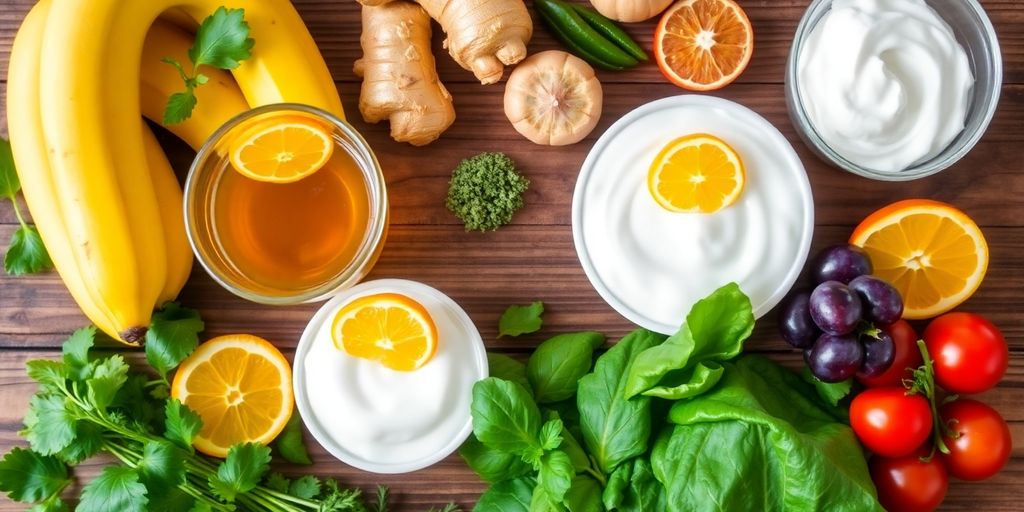 Healthy foods for indigestion relief on a wooden table.