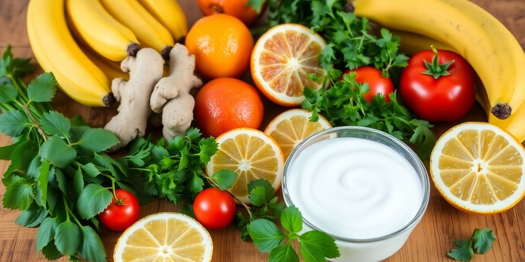 Colorful fruits and herbs for indigestion relief.