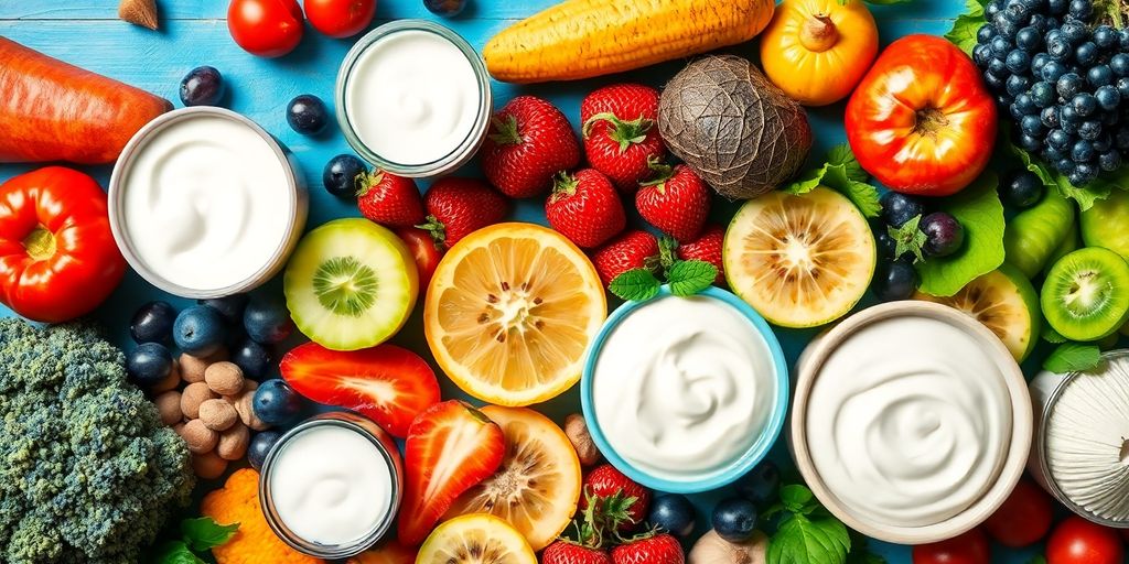 Colorful fruits, vegetables, and yogurt for gut health.