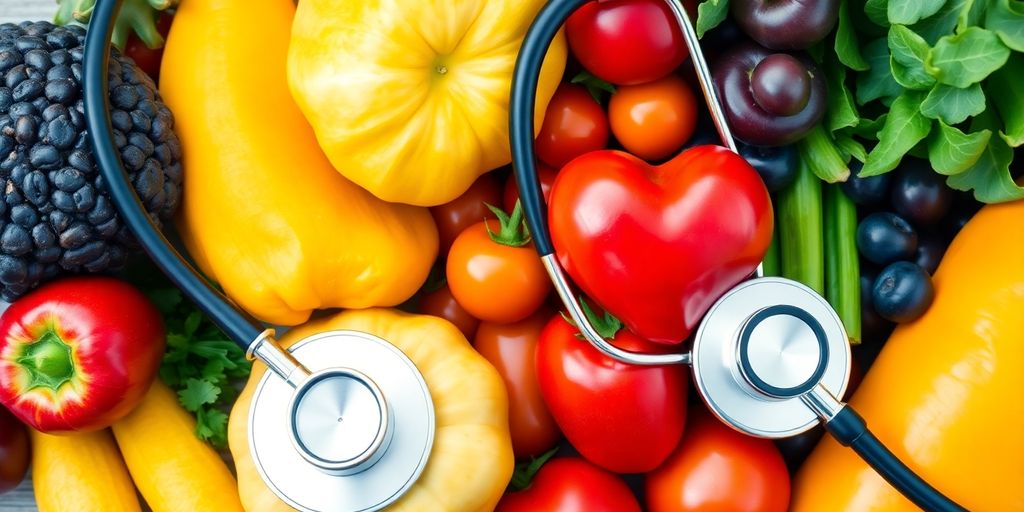 Vibrant fruits and vegetables with a stethoscope for heart health.