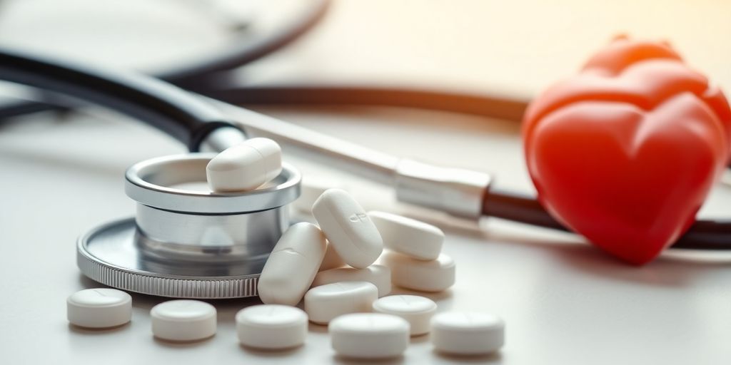 Calcium tablets, stethoscope, and heart model on table.