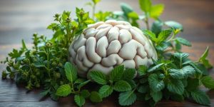 Brain with herbs, symbolizing memory improvement through nature.