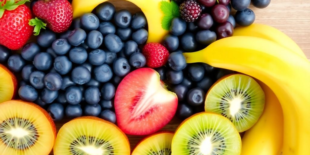 Colorful fruits promoting gut health on a wooden table.