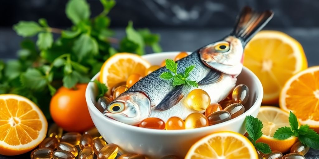 Fresh fish and omega-3 capsules on a colorful background.