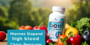 CoQ10 supplements with healthy food and nature background.