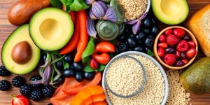 Colorful gut health foods on a wooden table.