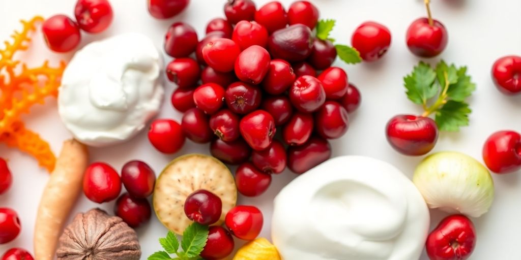 Fresh cranberries, yogurt, and vegetables for gut health.