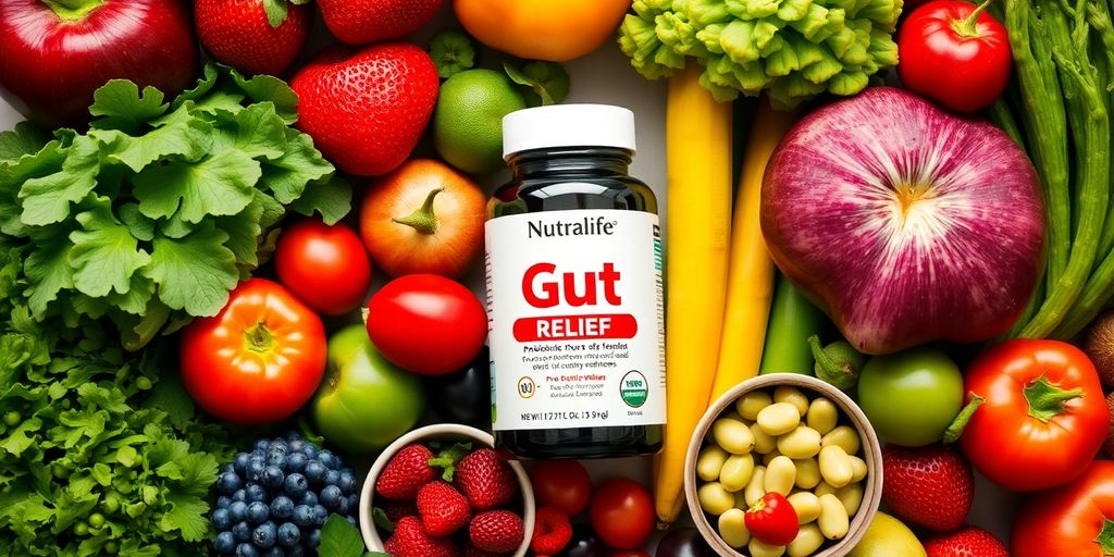 Colorful fruits and vegetables with Nutralife Gut Relief bottle.