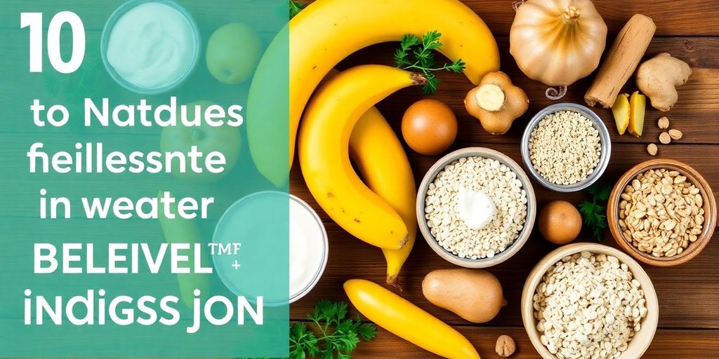 Ten foods for natural indigestion relief on a wooden table.