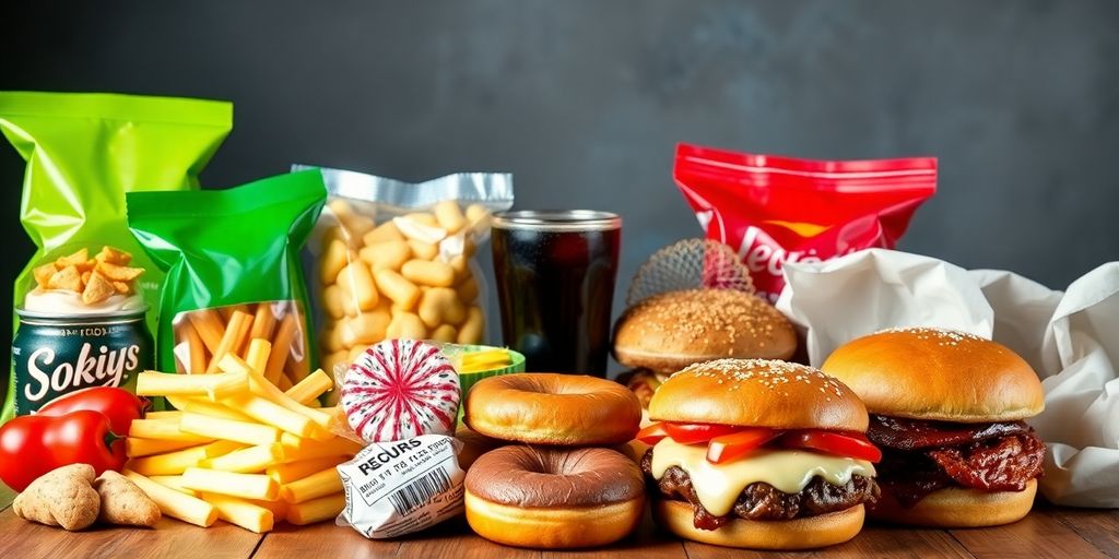Unhealthy foods like chips, donuts, and soda on table.