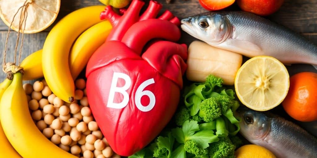 Heart with vitamin B6 foods like bananas and chickpeas.