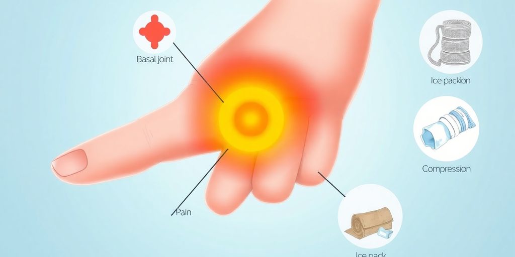 Illustration of thumb basal joint with pain indicators.