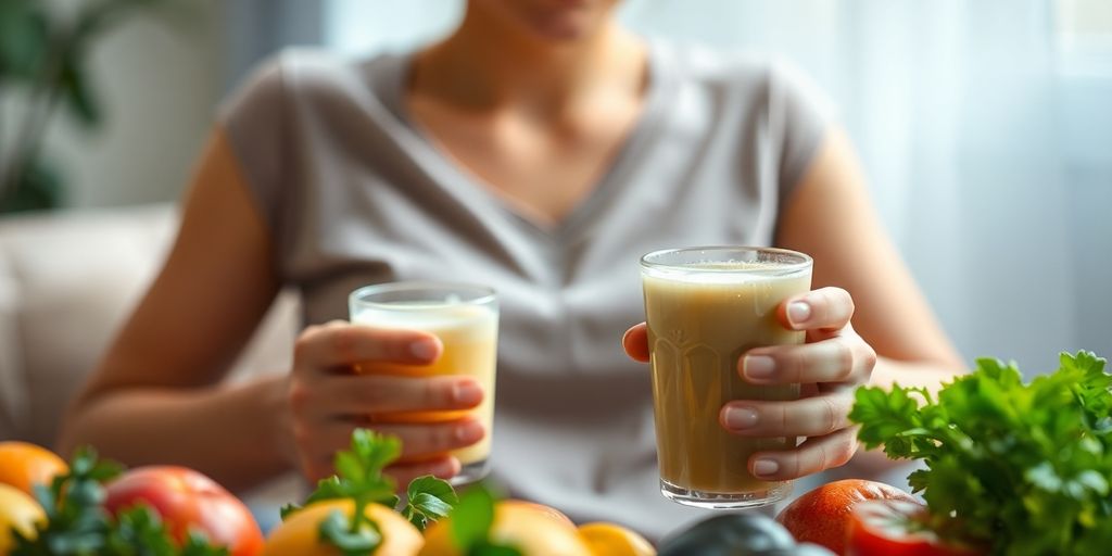 Person relaxing with a drink and fresh fruits.