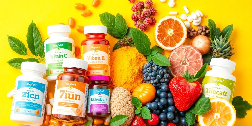 Colorful immune-boosting supplements with fruits and herbs.