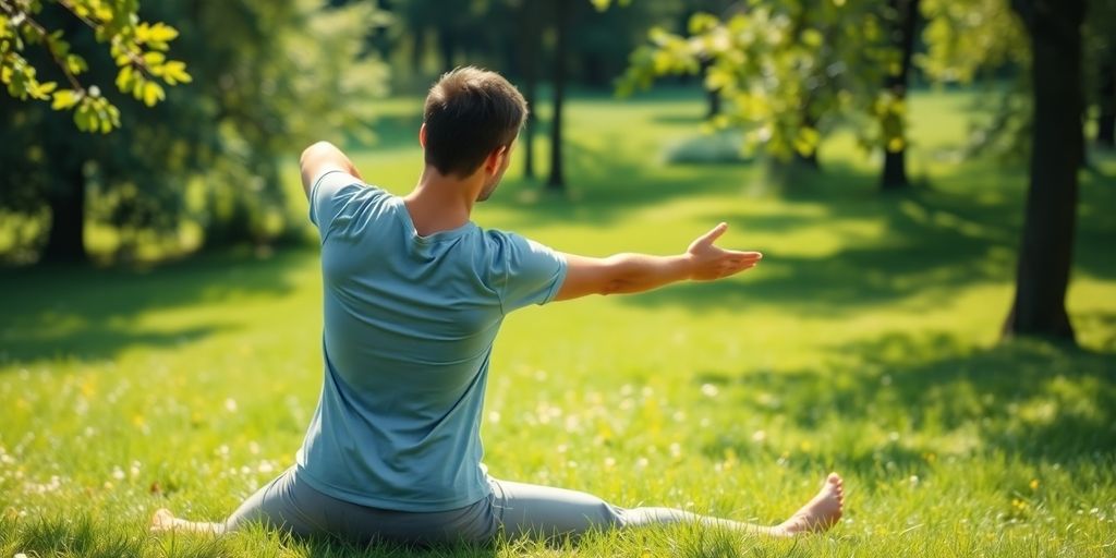 Person stretching outdoors in a peaceful, green environment.