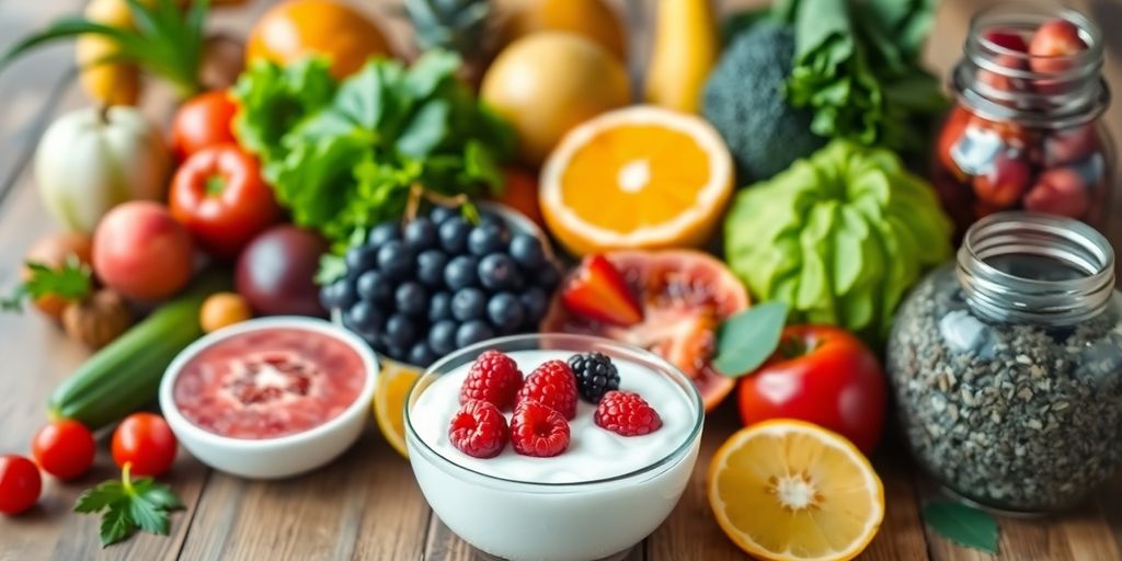 Fresh fruits, vegetables, and yogurt promoting gut health.