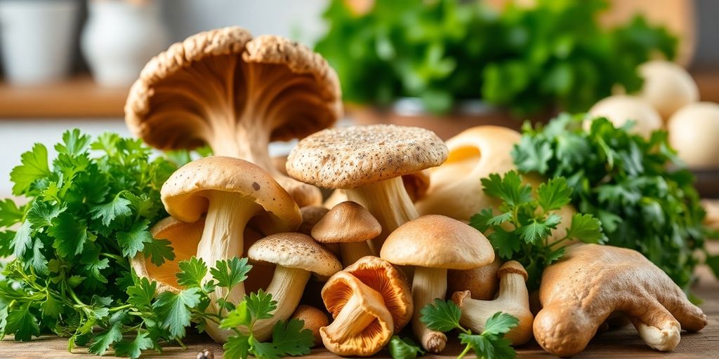 Colorful mushrooms on a wooden surface with greens.