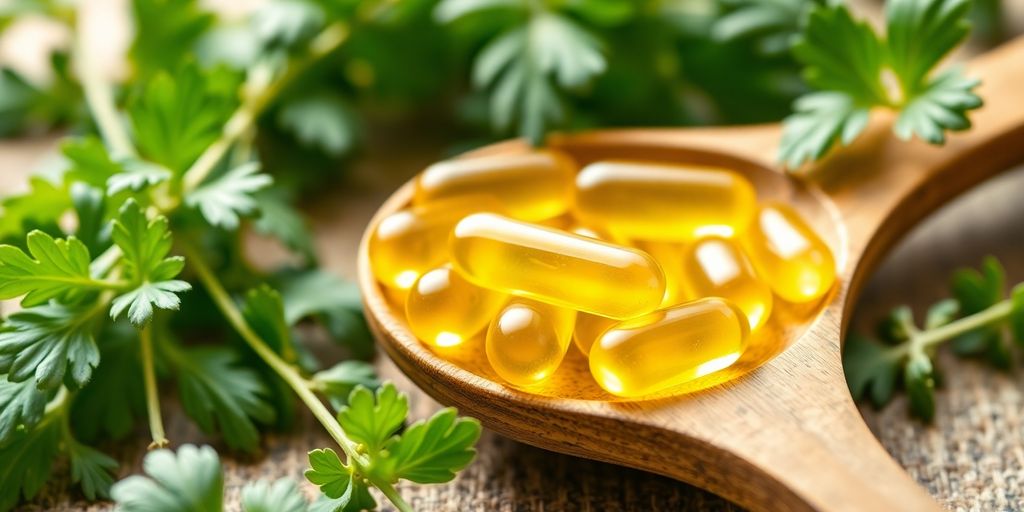 Fish oil capsules on a wooden spoon with herbs.