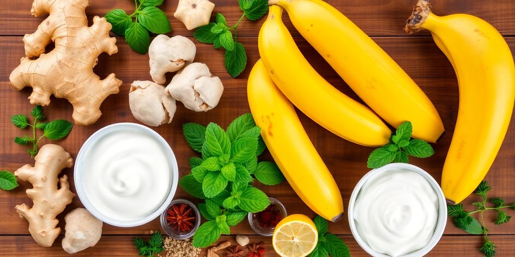 Natural foods for relieving indigestion discomfort displayed on table.