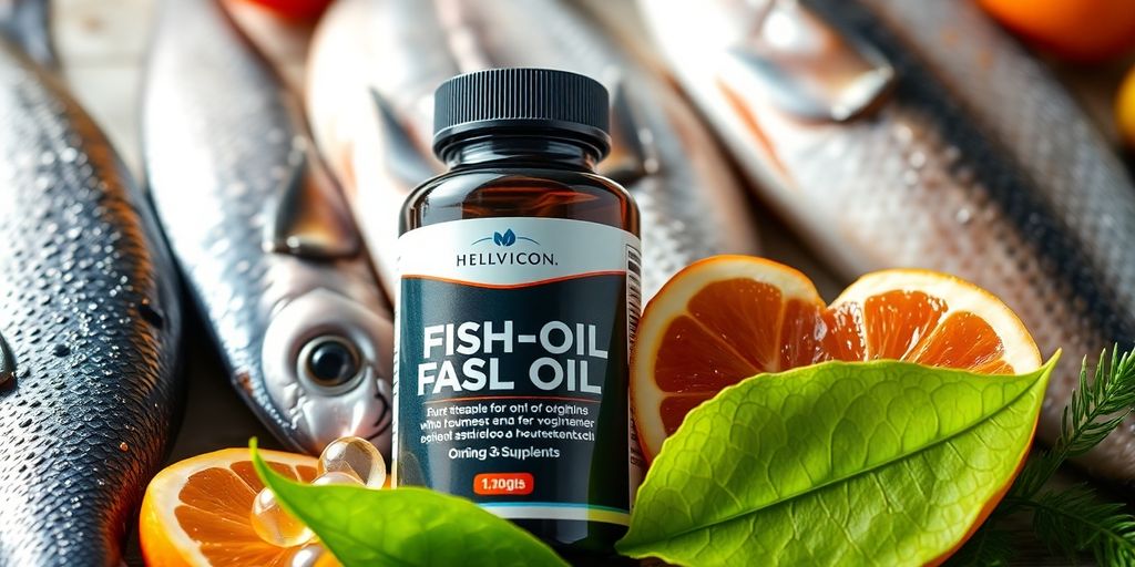 Fish oil supplements with fish and heart-shaped leaf.