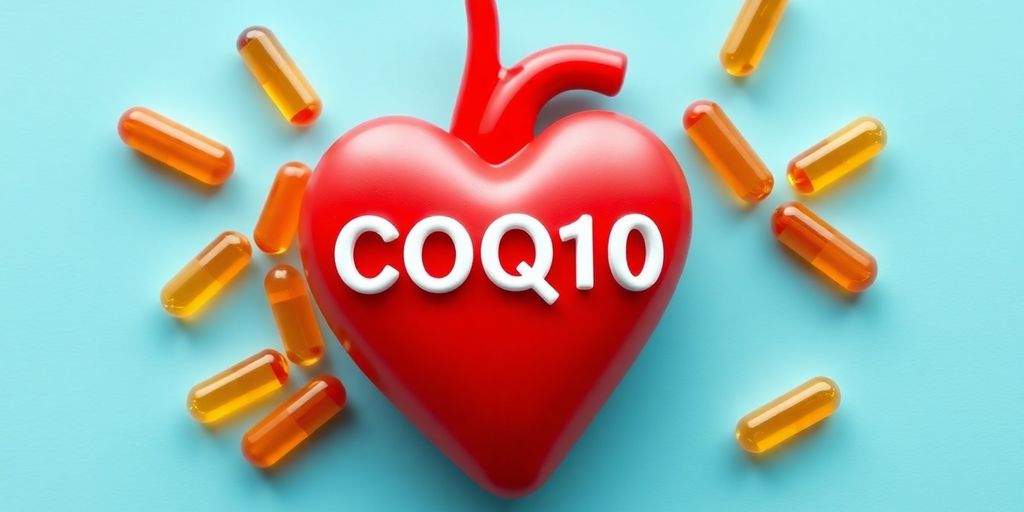 Heart and CoQ10 capsules on a blue background.