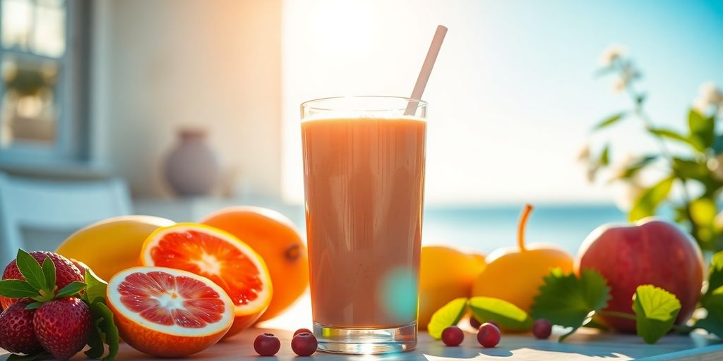 Colorful breakfast with fruits and smoothie on a table.