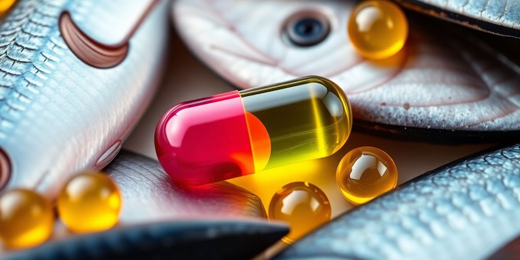 Fish oil capsule and fresh fish for heart health.