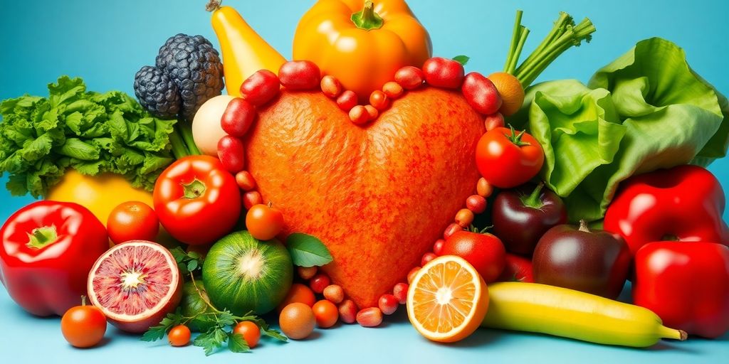 Colorful fruits and vegetables arranged in a heart shape.