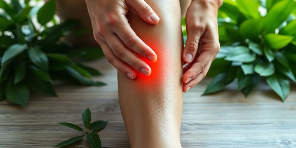 Hands massaging a knee joint with green leaves.