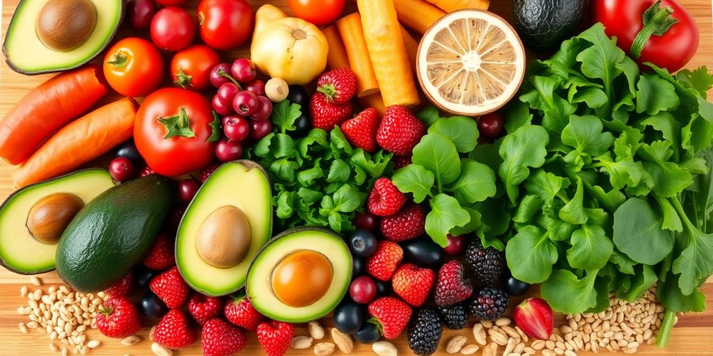 Colorful array of fruits, vegetables, and grains for digestion.