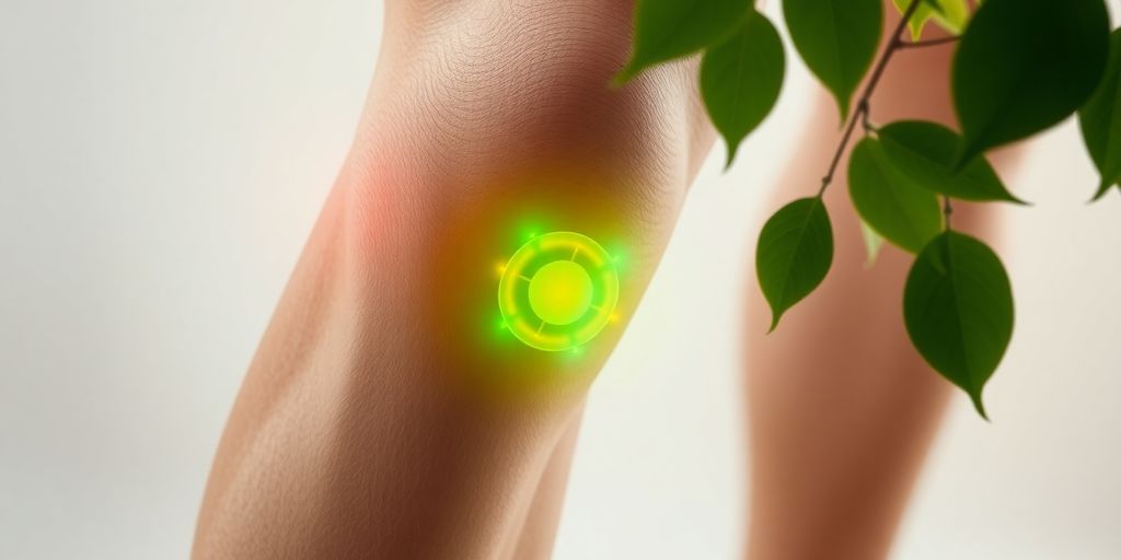 Knee joint with highlighted pain relief areas and leaves.