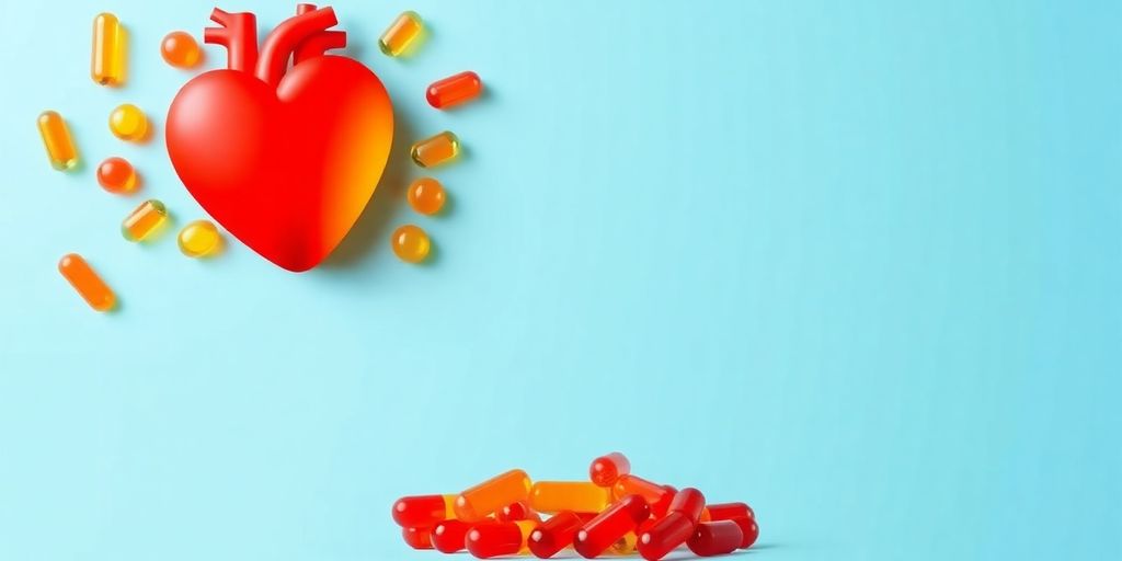 Colorful heart with Coenzyme Q10 capsules on blue background.