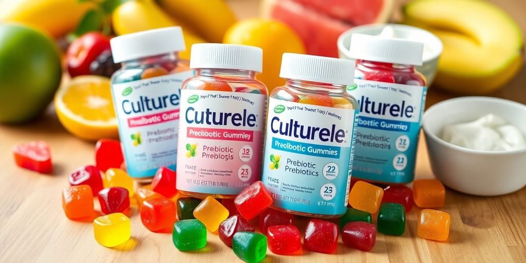 Colorful probiotic gummies with fruits and yogurt nearby.
